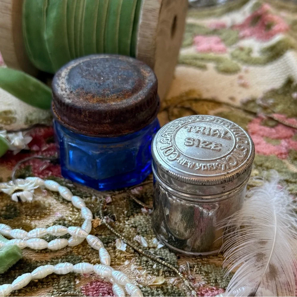 Antique Noxema Blue Glass Jar & Colgate Co. Shaving Stick Silver Tin Set